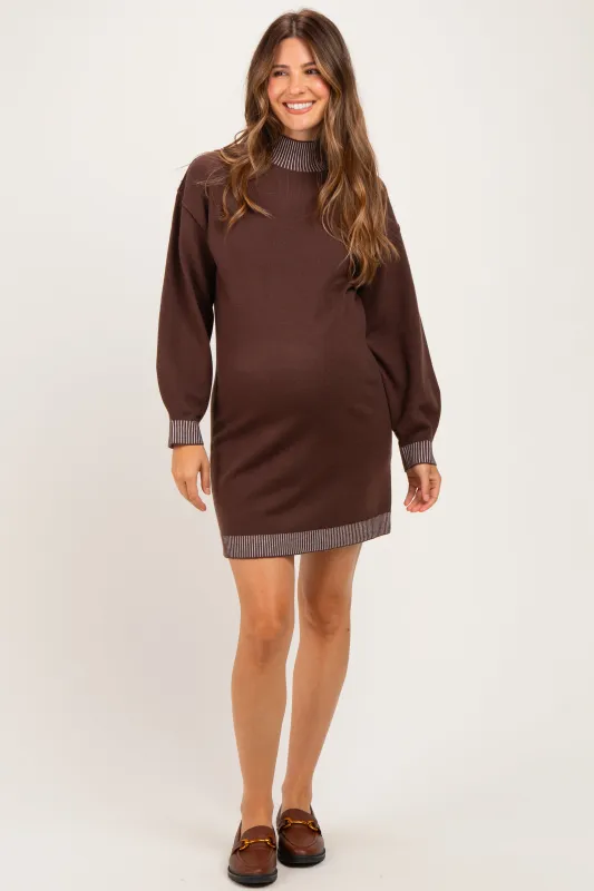 Brown Contrast Mock Neck Maternity Sweater Dress made by Able