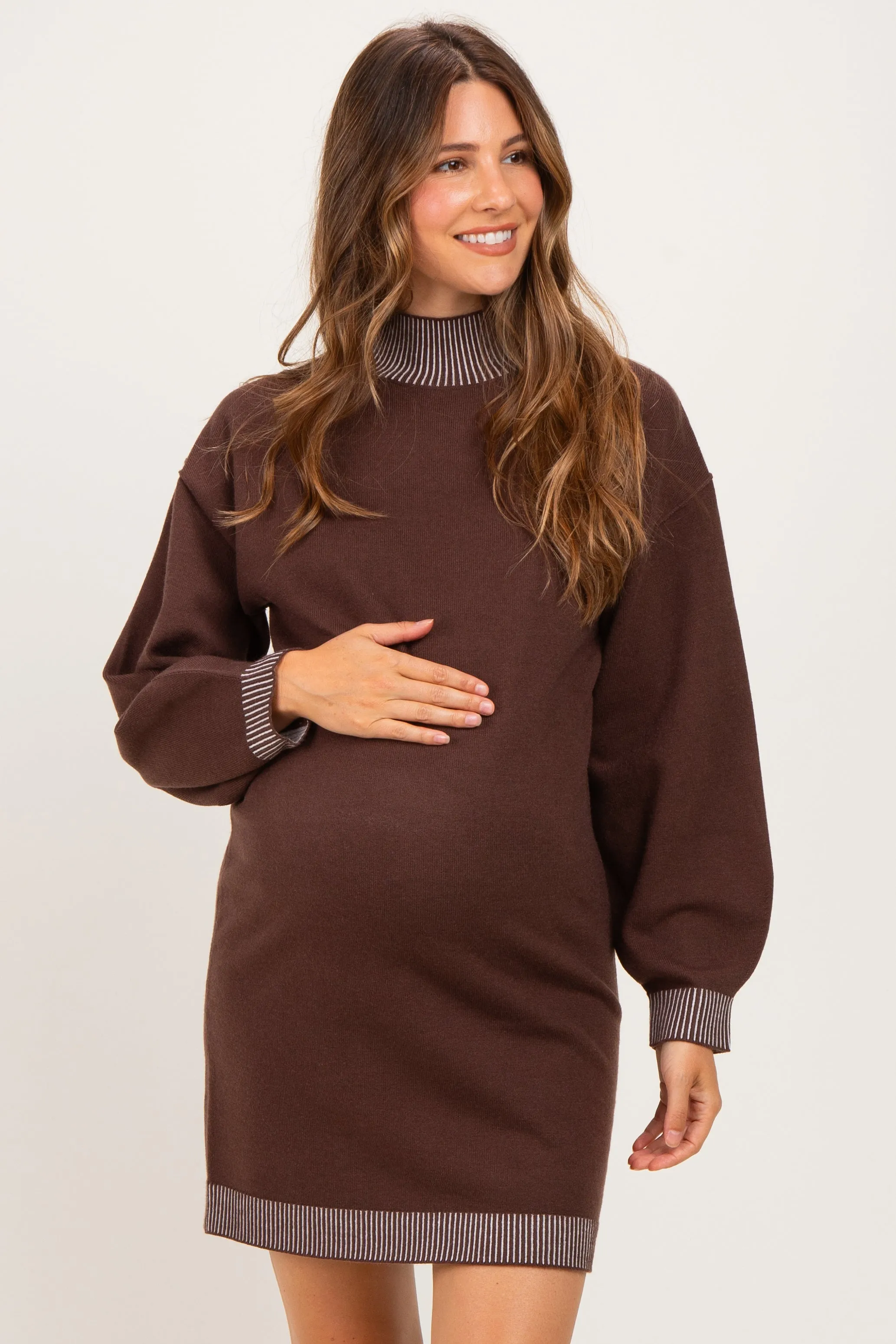 Brown Contrast Mock Neck Maternity Sweater Dress sold by Pinkblush product image thumbnail 2