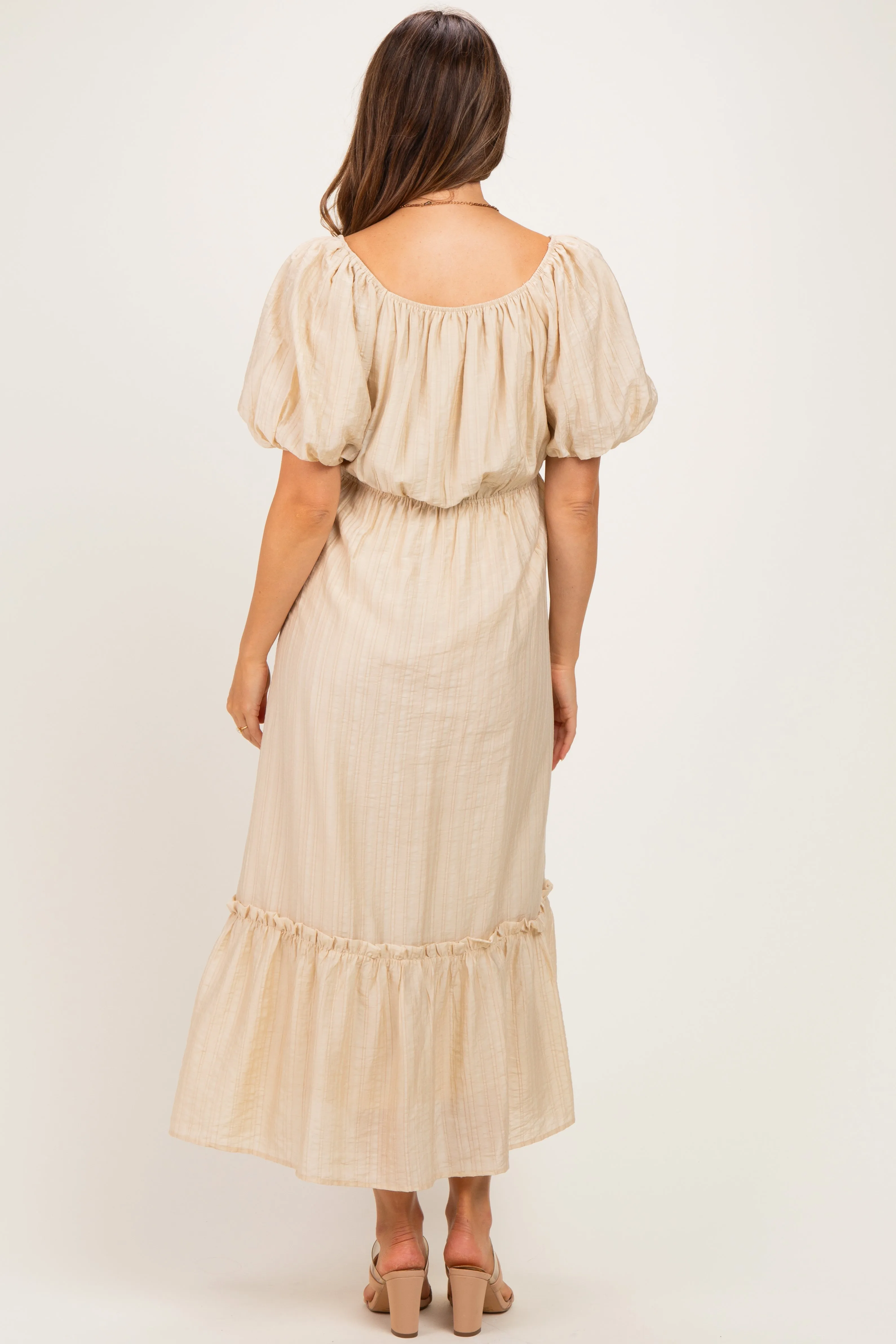 Beige Textured Woven Square Neck Maternity Midi Dress sold by Pinkblush product image thumbnail 4