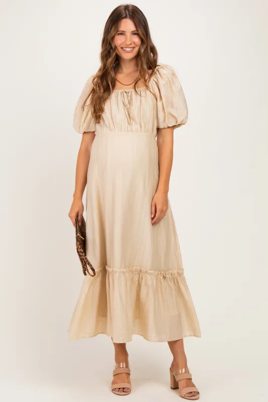 Beige Textured Woven Square Neck Maternity Midi Dress made by Polagram