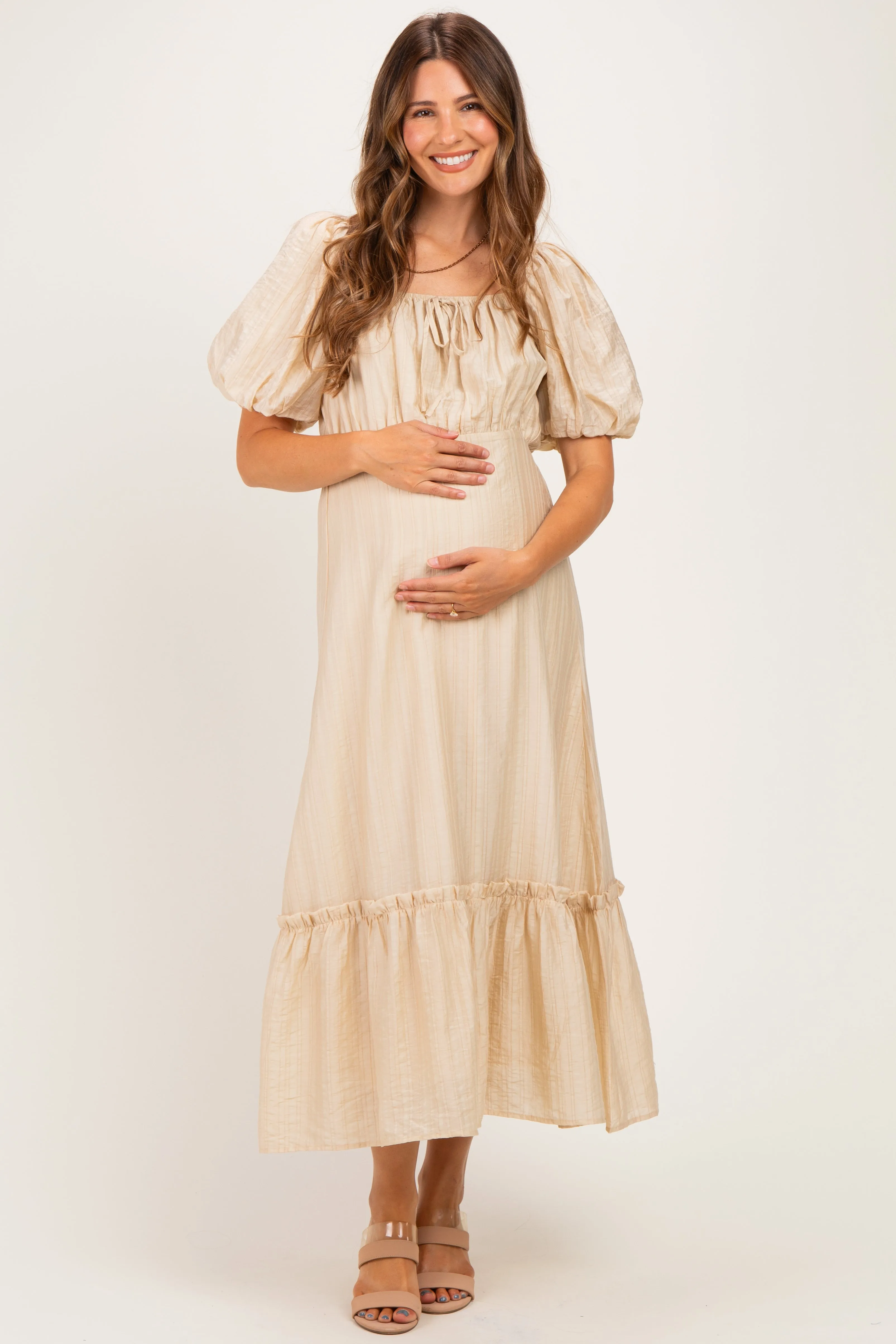 Beige Textured Woven Square Neck Maternity Midi Dress sold by Pinkblush product image thumbnail 2