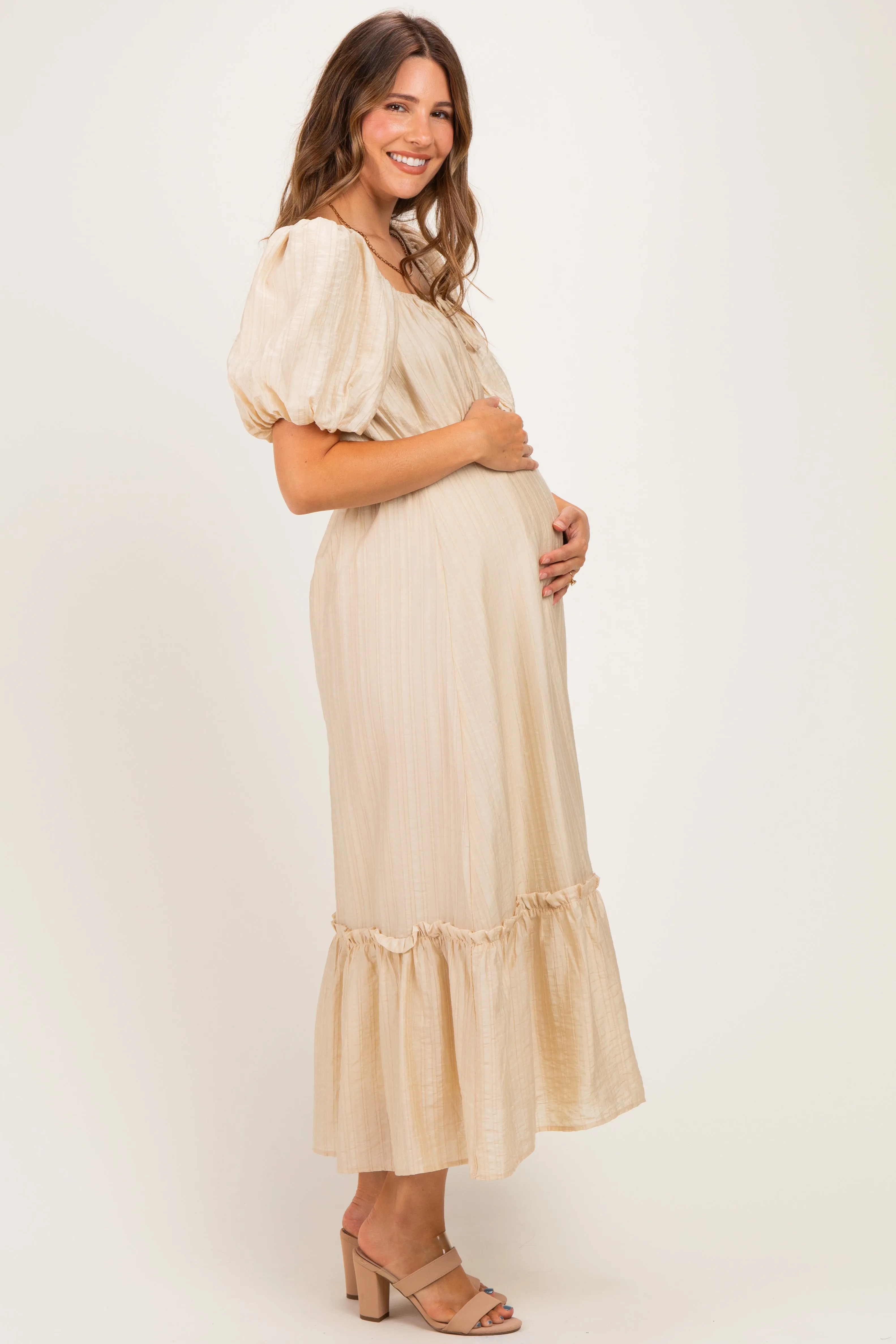 Beige Textured Woven Square Neck Maternity Midi Dress sold by Pinkblush product image thumbnail 3