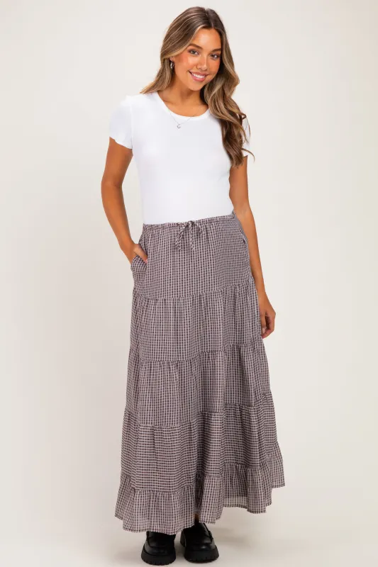 Brown Plaid Drawstring Tiered Maternity Midi Skirt made by BaeVely