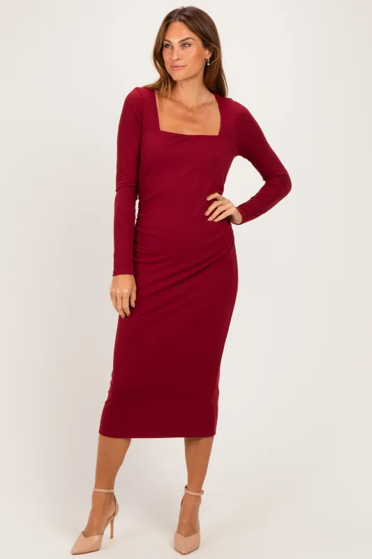 Burgundy Fitted Long Sleeve Square Neck Midi Dress made by Pinkblush