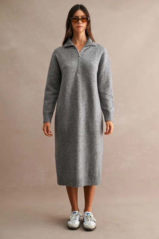 Grey Half-Zip Collar Side Slit Midi Sweater Dress made by MABLE