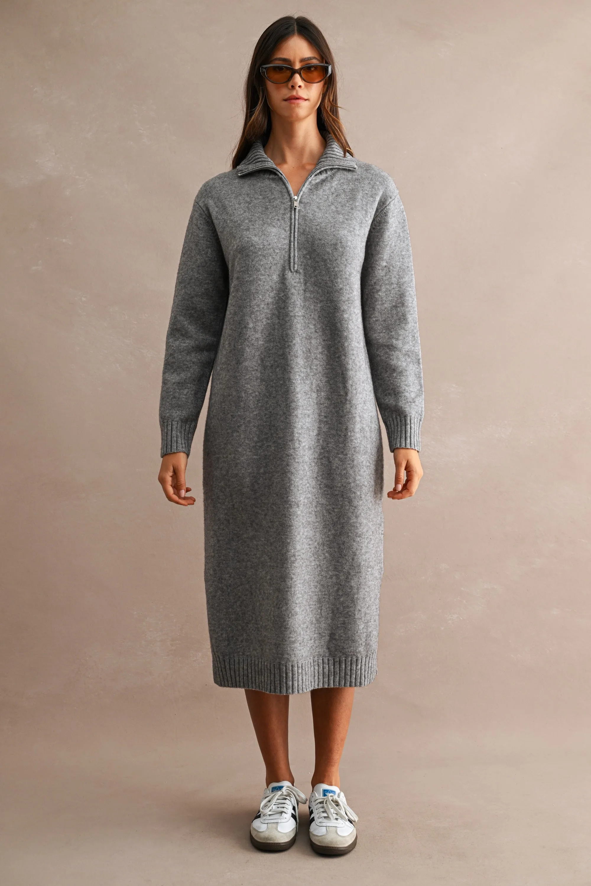 Grey Half-Zip Collar Side Slit Midi Sweater Dress sold by Pinkblush