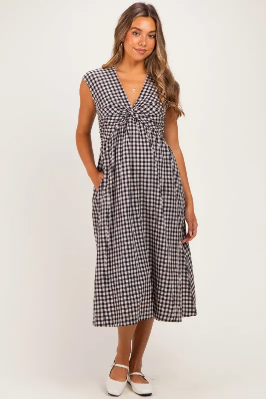 Black Gingham Twist Front Maternity Midi Dress made by Pinkblush