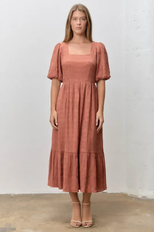 Brick Textured Square Neck Bubble Sleeve Midi Dress made by Polagram