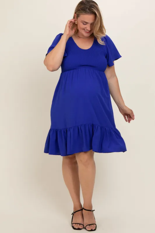 Royal Blue Smocked Ruffle Hem Maternity Plus Dress sold by Pinkblush