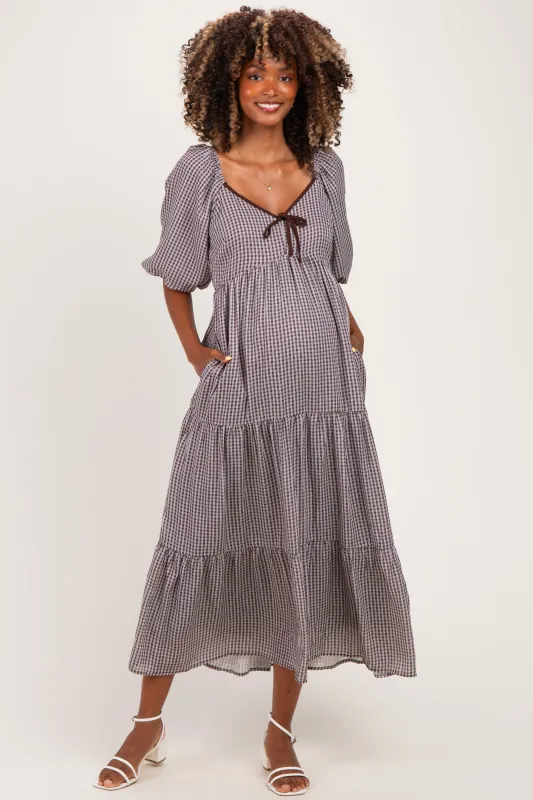 Brown Gingham Puff Sleeve Tiered Maternity Maxi Dress made by BaeVely