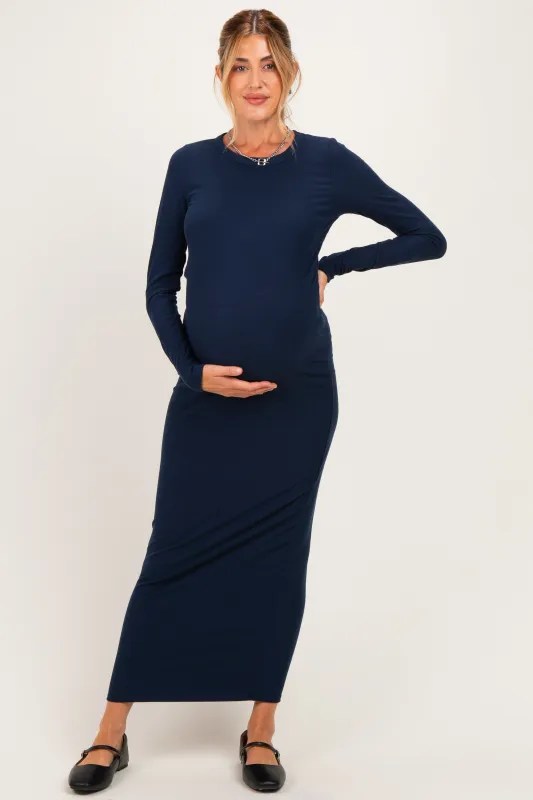 Navy Ribbed Fitted Long Sleeve Maternity Midi Dress made by Pinkblush