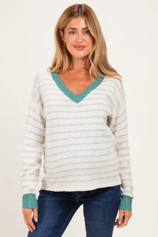 Jade Striped Solid Trim V-Neck Maternity Sweater made by Staccato