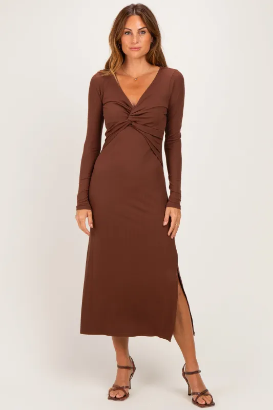 Brown Knotted V-Neck Side Slit Long Sleeve Dress made by Pinkblush