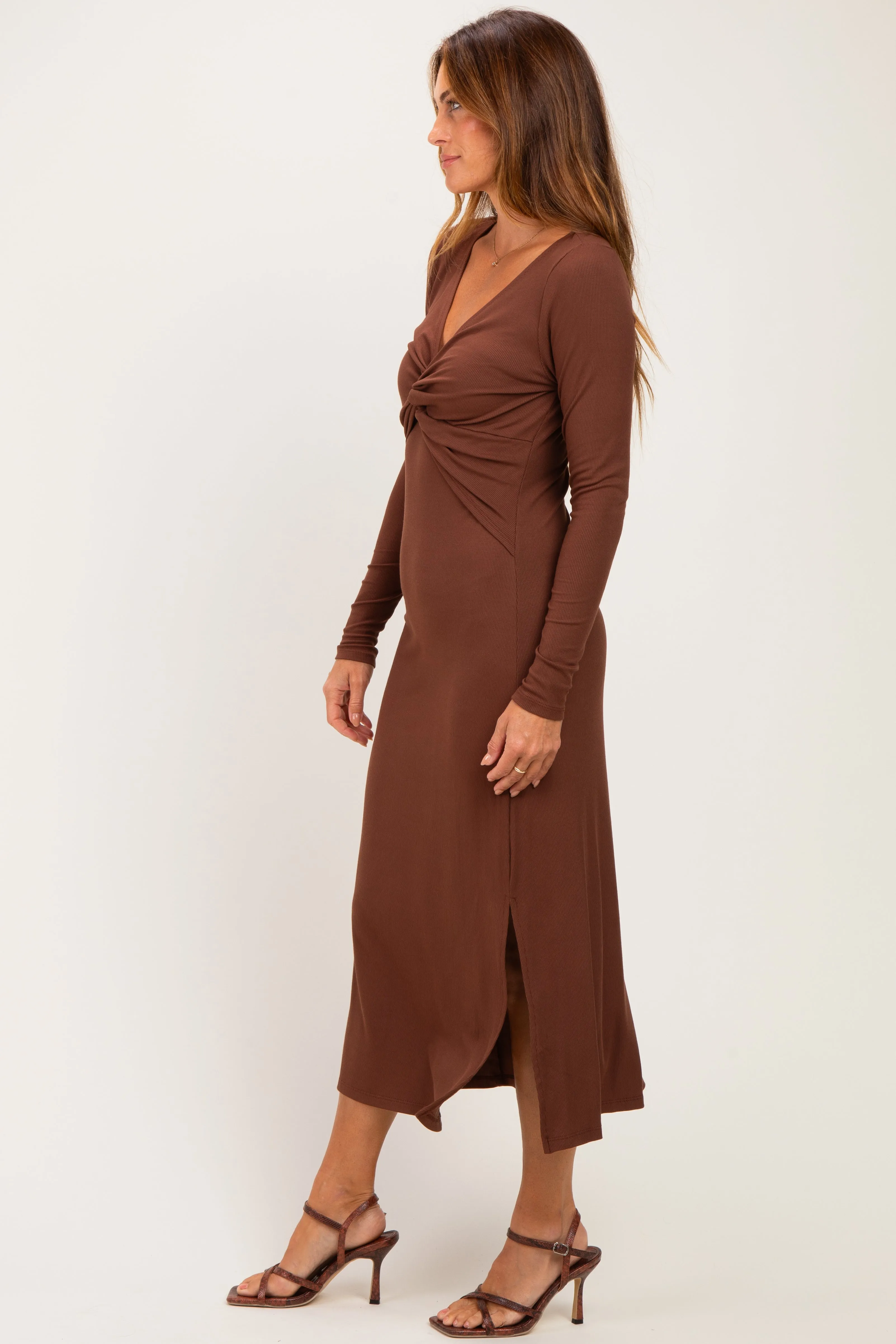 Brown Knotted V-Neck Side Slit Long Sleeve Dress sold by Pinkblush product image thumbnail 2