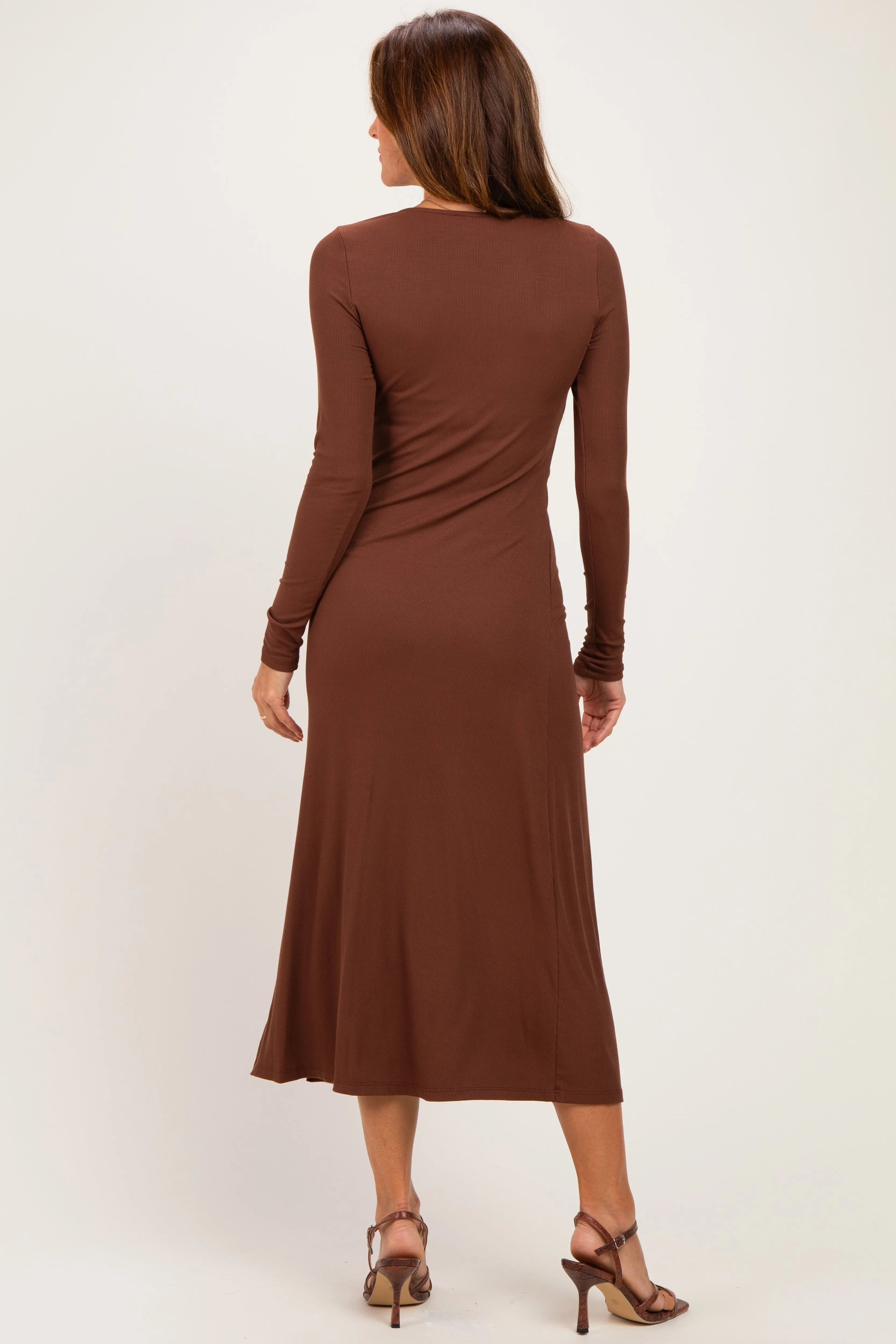 Brown Knotted V-Neck Side Slit Long Sleeve Dress sold by Pinkblush product image thumbnail 3