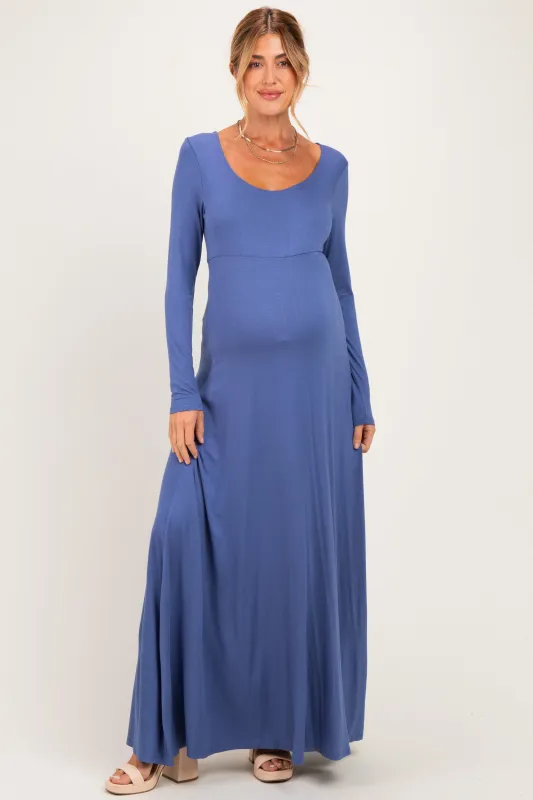 Blue Solid Long Sleeve Scoop Neck A-Line Maternity Maxi Dress made by Pinkblush