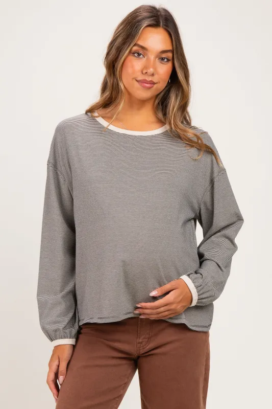 Black Striped Boat Neck Long Sleeve Maternity Top made by HYFVE