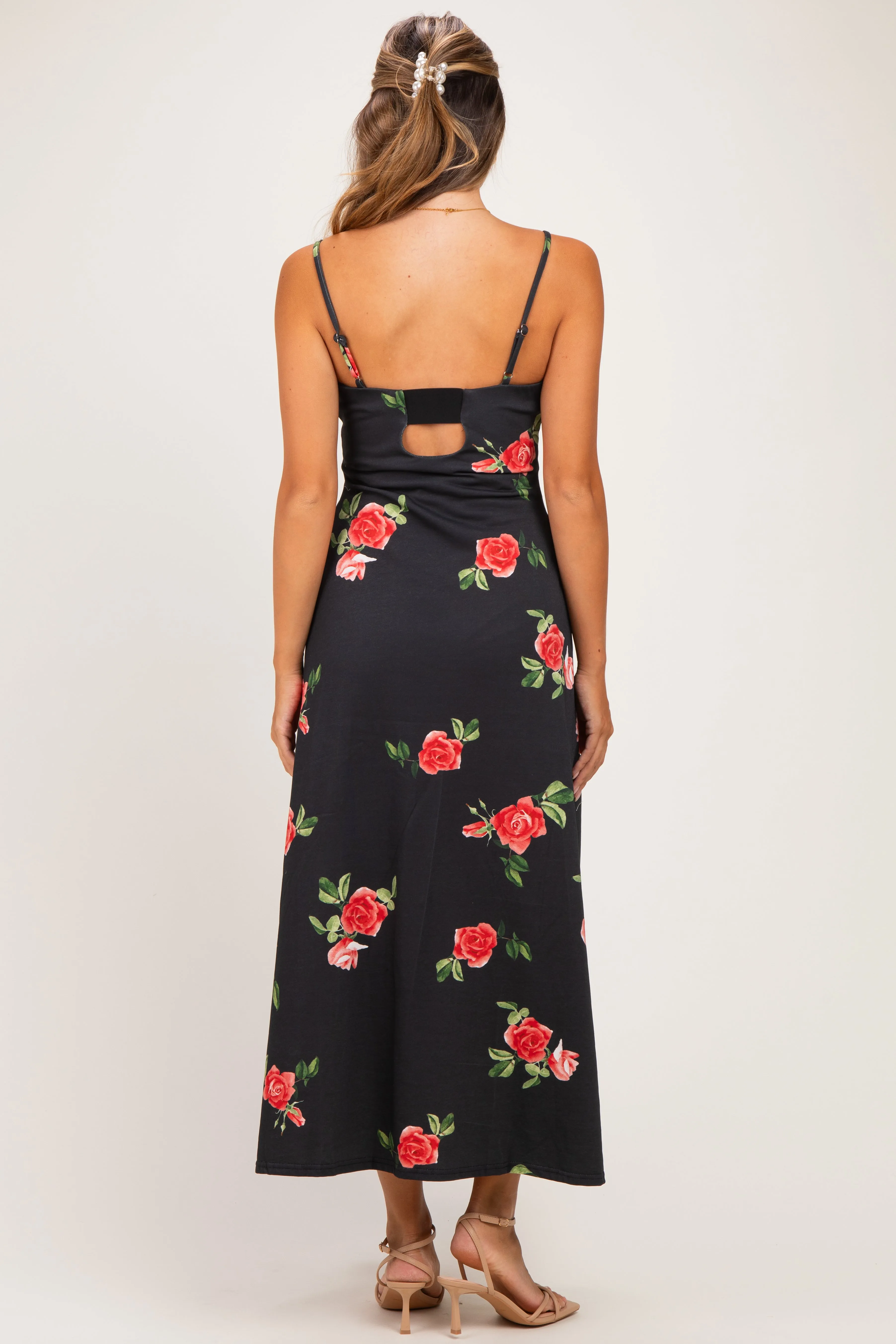 Black Floral Thin Strap Maternity Midi Dress sold by Pinkblush product image thumbnail 3