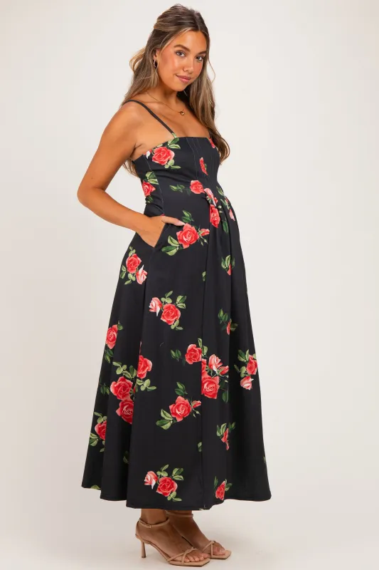 Black Floral Thin Strap Maternity Midi Dress made by Davi & Dani