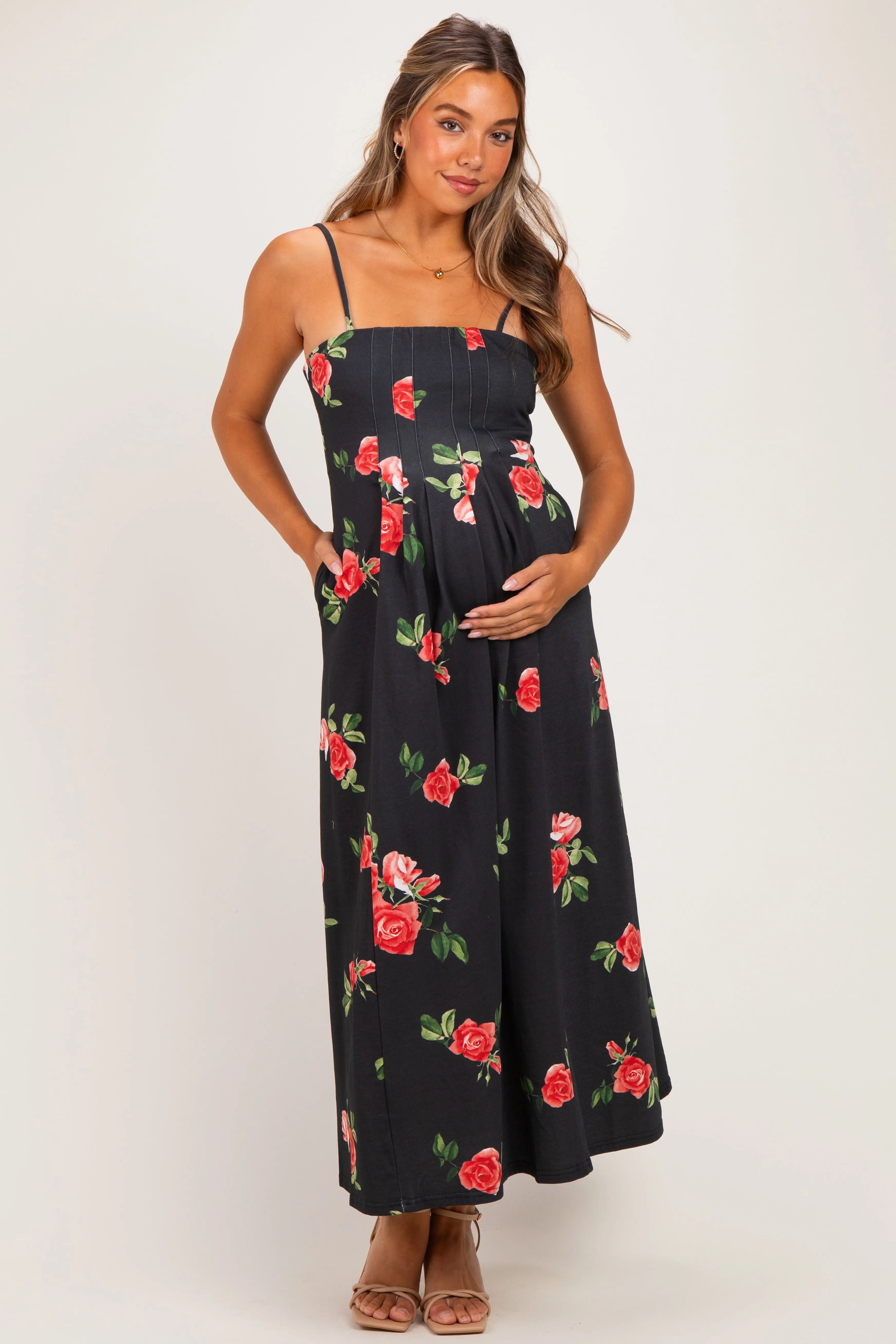 Black Floral Thin Strap Maternity Midi Dress sold by Pinkblush product image thumbnail 2
