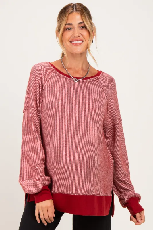 Burgundy Two Tone Oversized Thermal Knit Maternity Top made by Very J