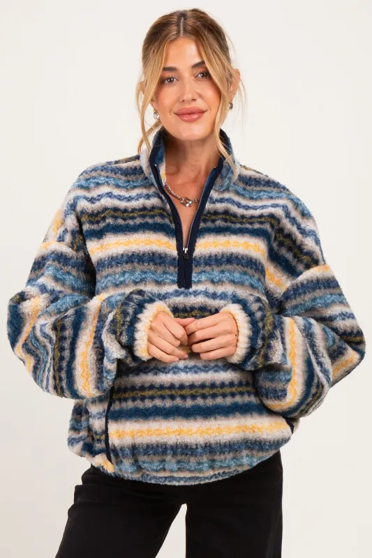 Blue Printed Fleece Oversized Half Zip Maternity Pullover made by Mimosa