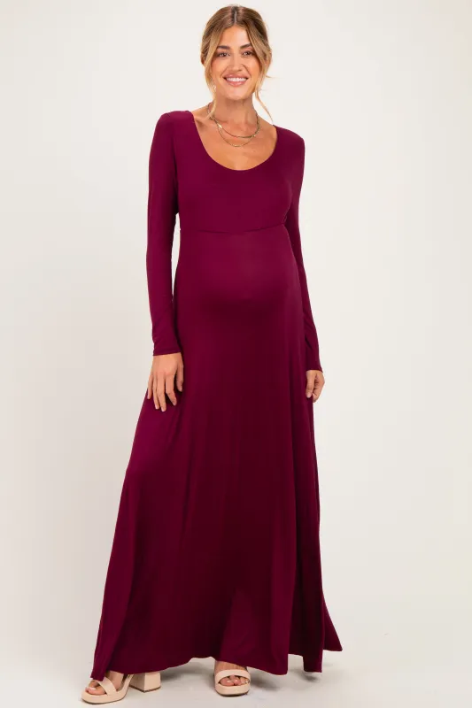 Burgundy Solid Long Sleeve Scoop Neck A-Line Maternity Maxi Dress made by Pinkblush