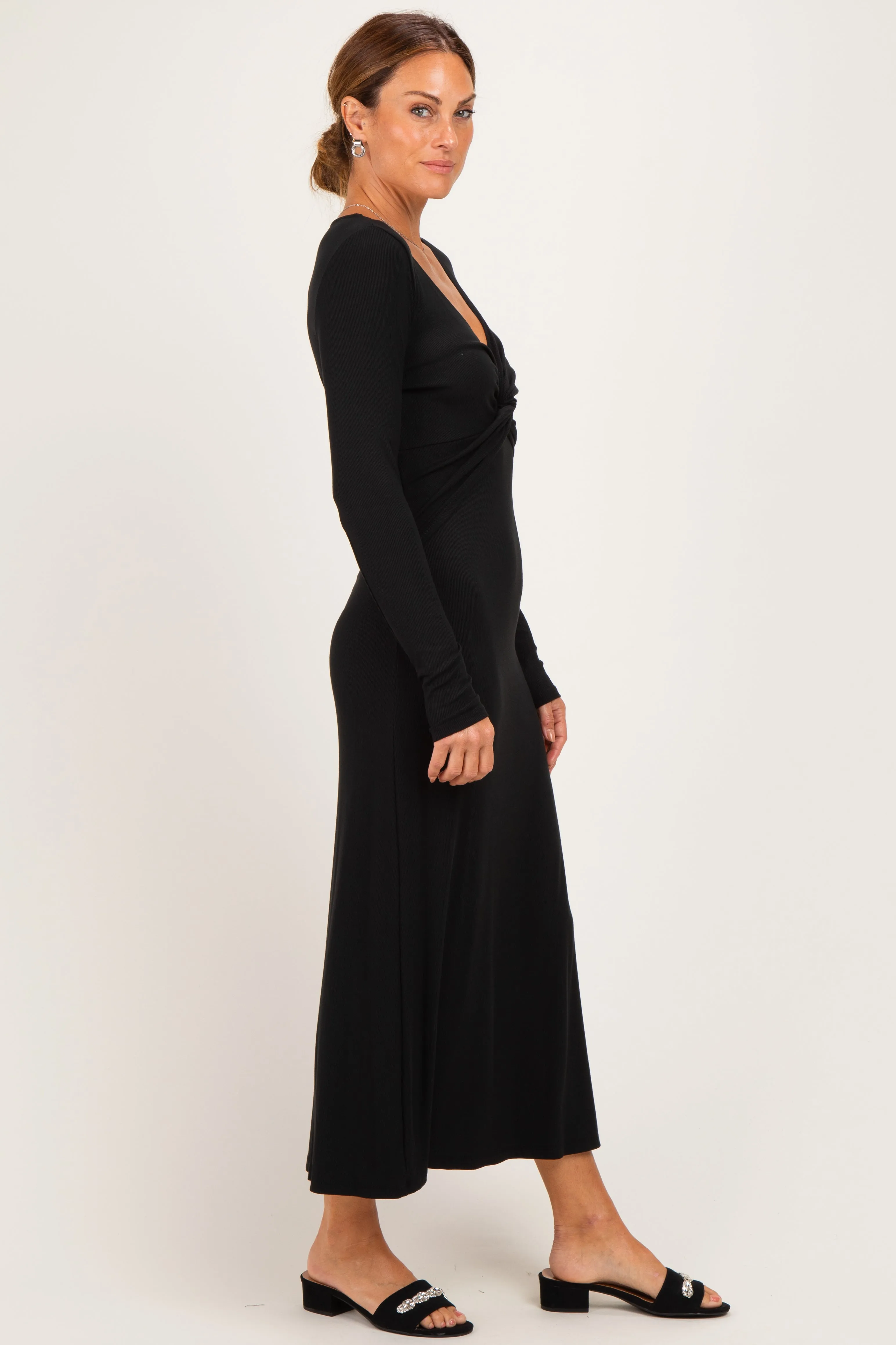Black Knotted V-Neck Side Slit Long Sleeve Dress sold by Pinkblush product image thumbnail 2