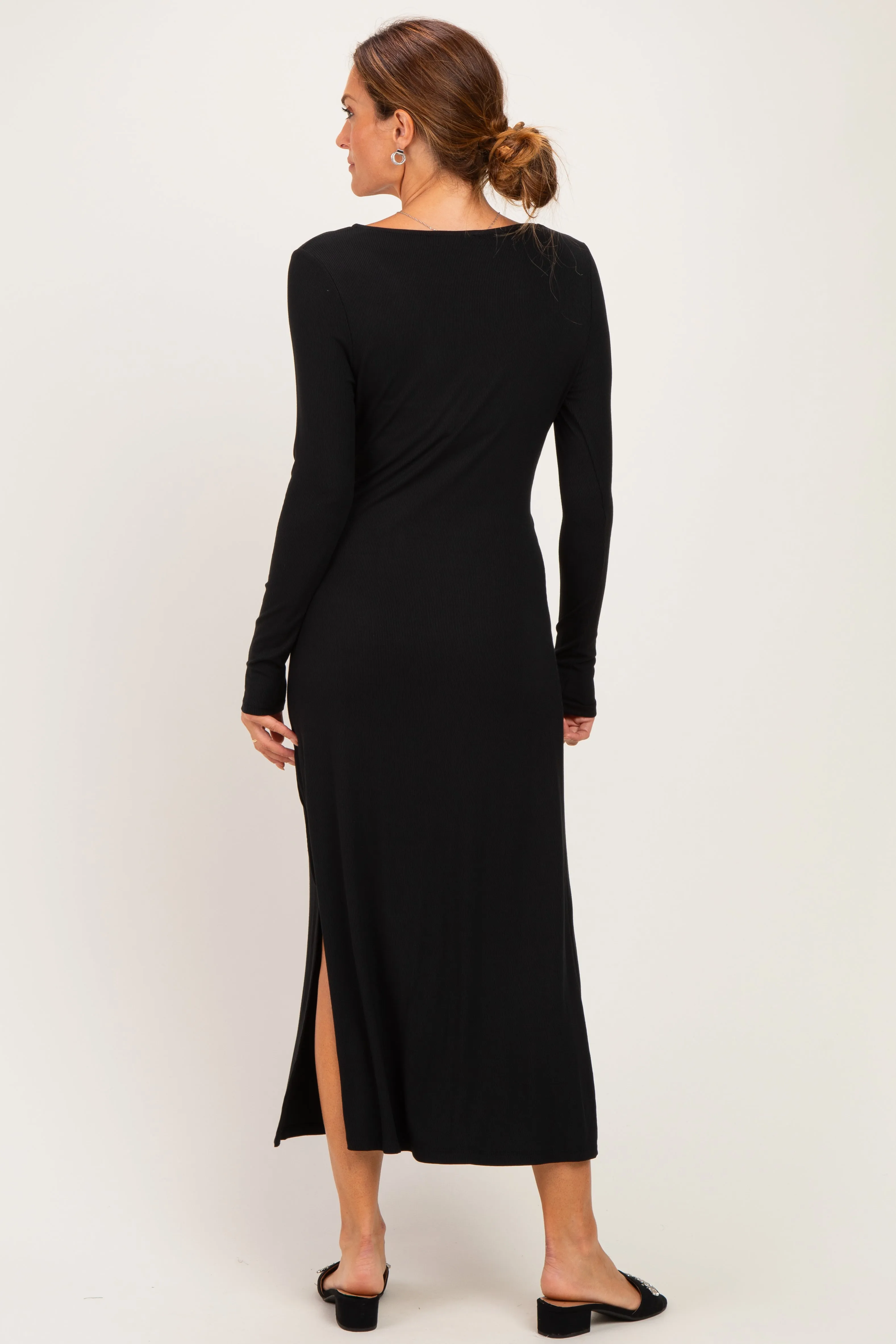 Black Knotted V-Neck Side Slit Long Sleeve Dress sold by Pinkblush product image thumbnail 3