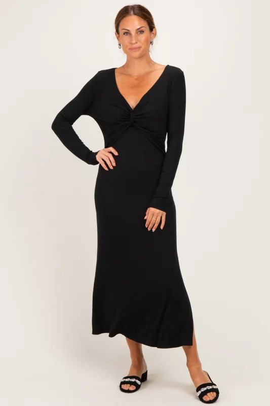 Black Knotted V-Neck Side Slit Long Sleeve Dress made by Pinkblush