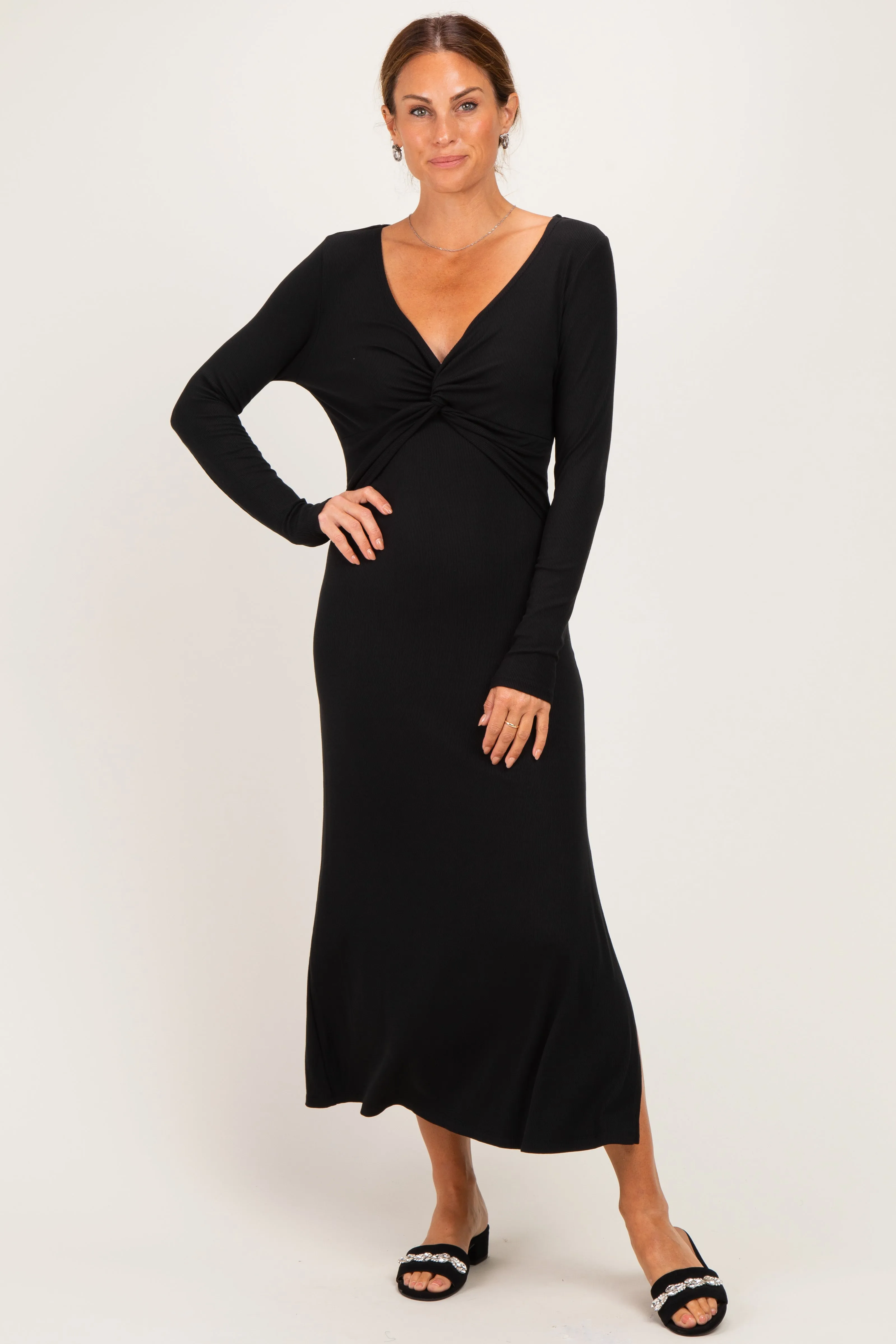 Black Knotted V-Neck Side Slit Long Sleeve Dress sold by Pinkblush