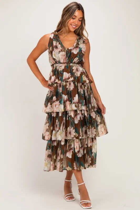 Brown Floral Sleeveless Flounce Tiered Maternity Maxi Dress made by So Me