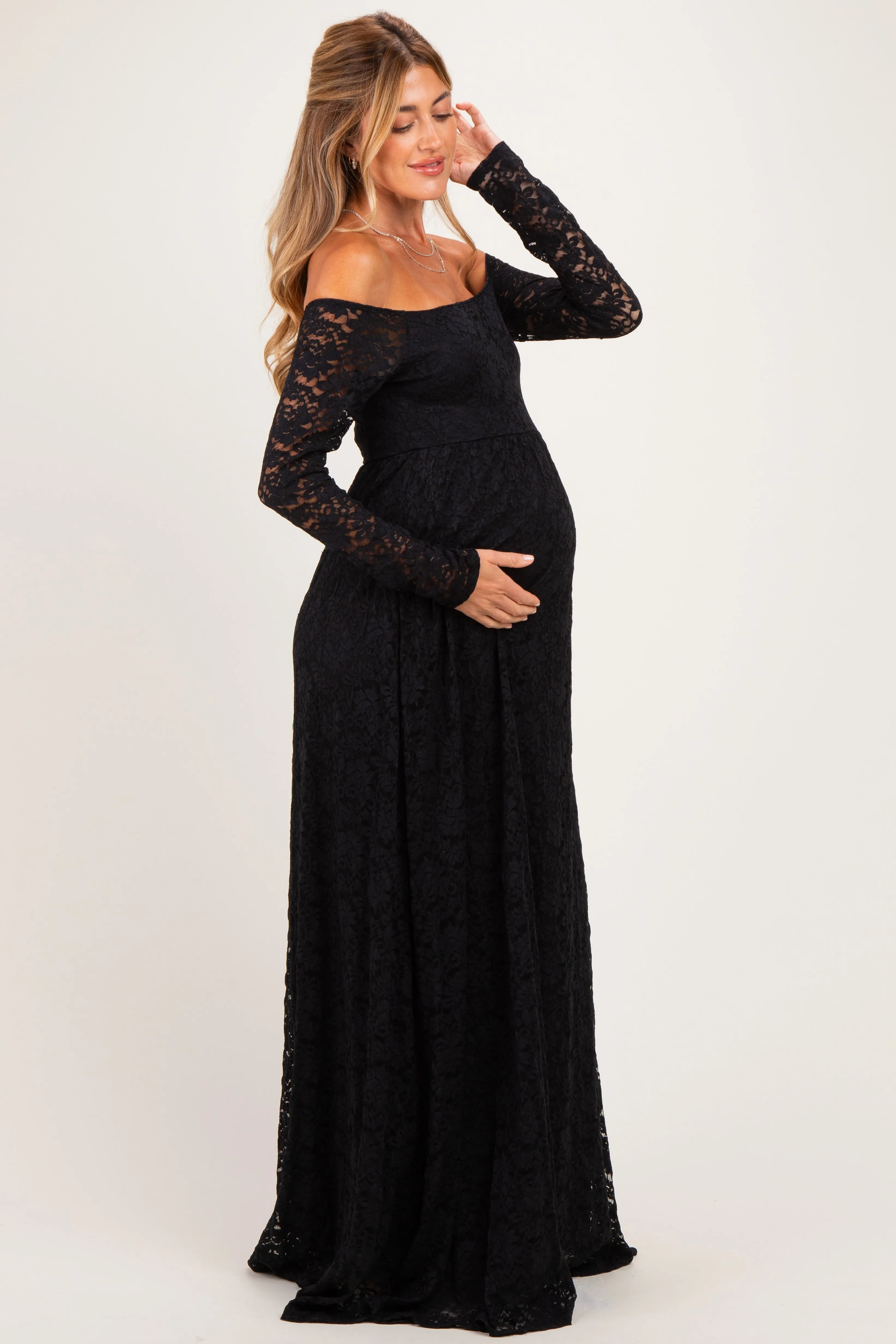 Black Floral Lace Long Sleeve Off Shoulder Maternity Maxi Dress sold by Pinkblush product image thumbnail 2