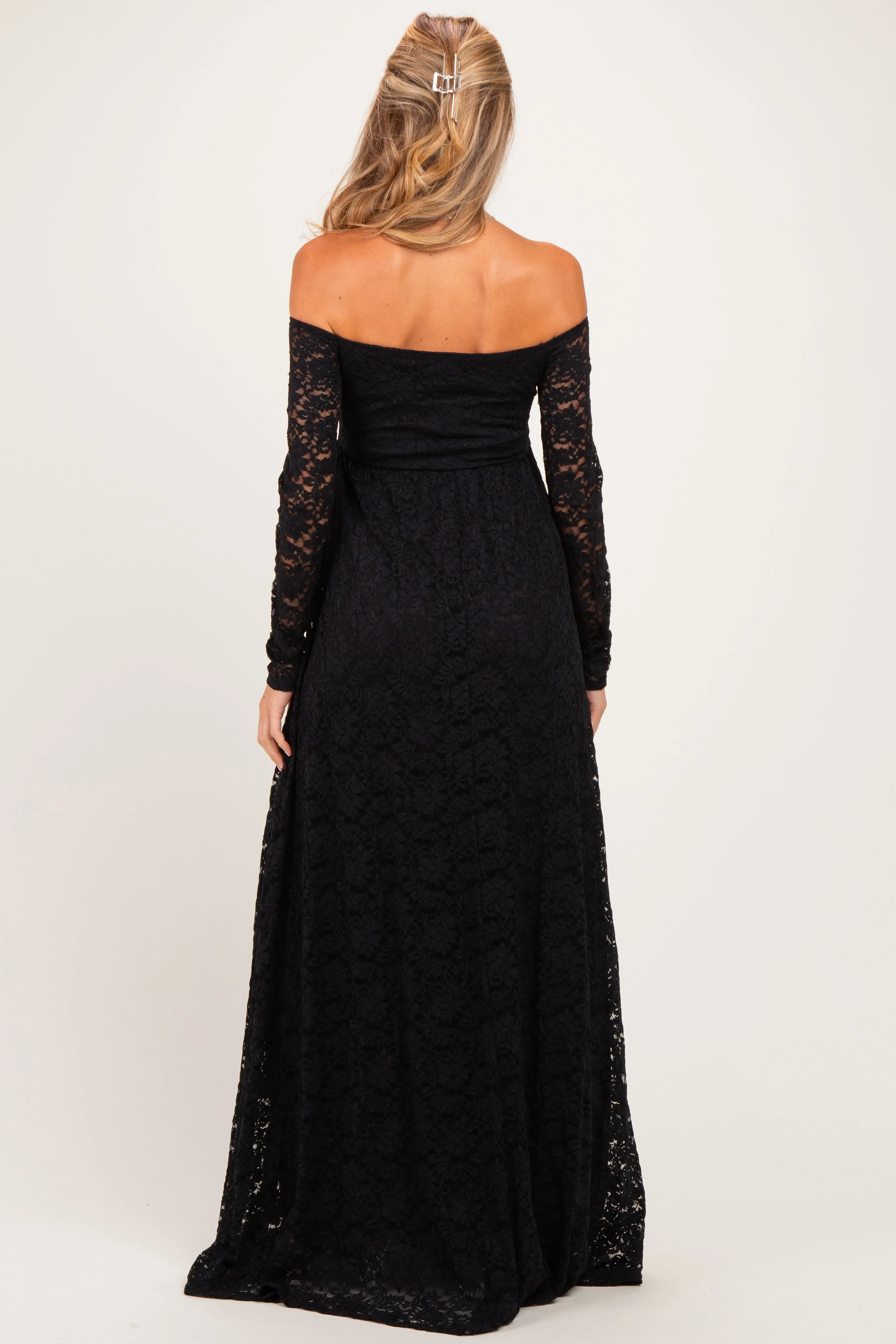 Black Floral Lace Long Sleeve Off Shoulder Maternity Maxi Dress sold by Pinkblush product image thumbnail 3