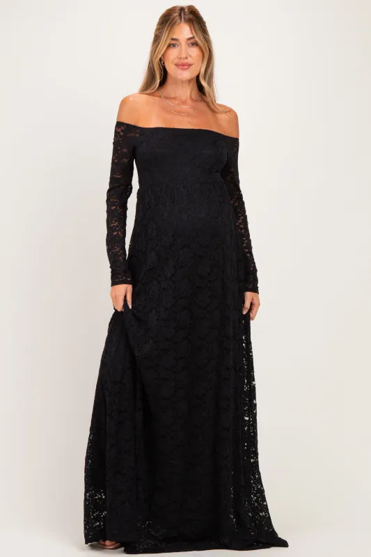 Black Floral Lace Long Sleeve Off Shoulder Maternity Maxi Dress made by Pinkblush