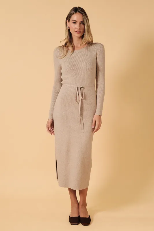 Oatmeal Ribbed Side Slit Midi Dress made by Gilli