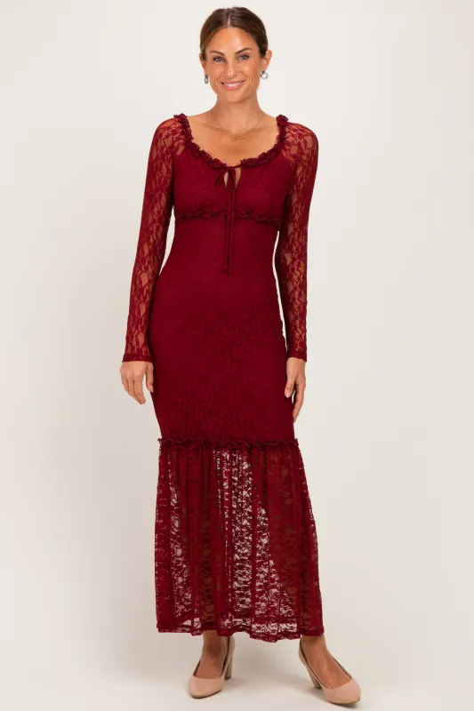 Burgundy Off Shoulder Long Sleeve Boho Maxi Dress made by Pinkblush