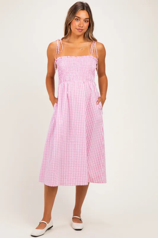 Pink Gingham Smocked Maternity Midi Dress made by Pinkblush