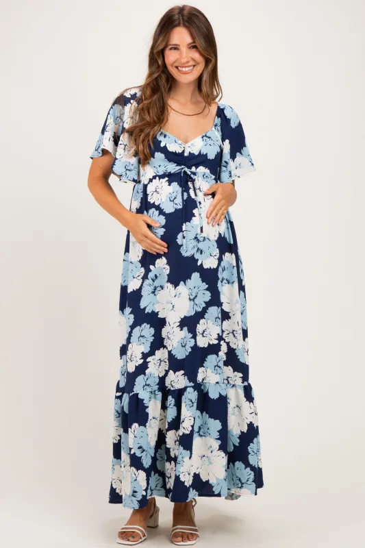 Navy/ Ivory Floral Ruched Bust Flutter Sleeve Maternity Maxi Dress made by Pinkblush