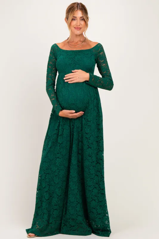 Hunter Green Floral Lace Long Sleeve Off Shoulder Maternity Maxi Dress made by Pinkblush