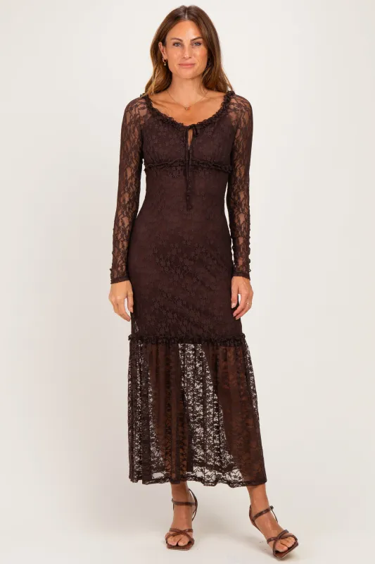 Brown Off Shoulder Long Sleeve Boho Maxi Dress made by Pinkblush