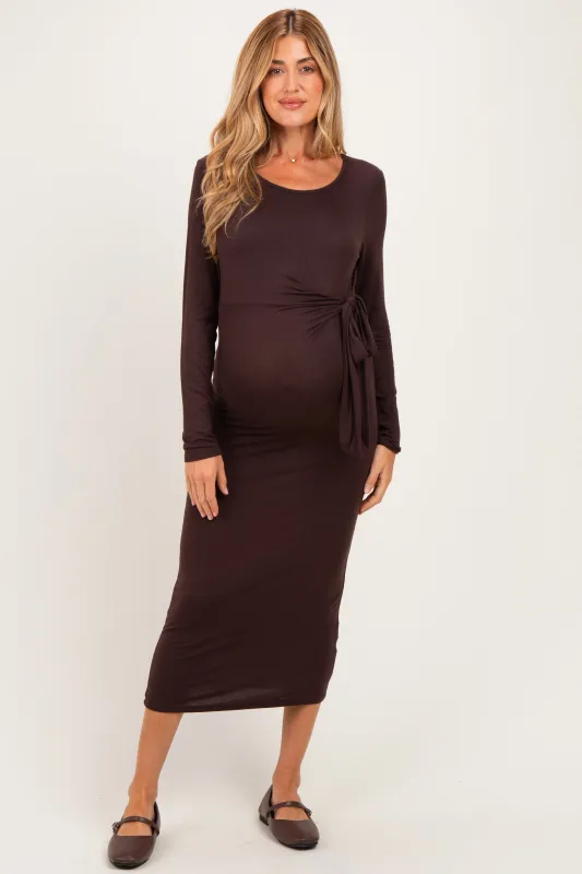 Brown Long Sleeve Knotted Waist Maternity Maxi Dress made by Pinkblush
