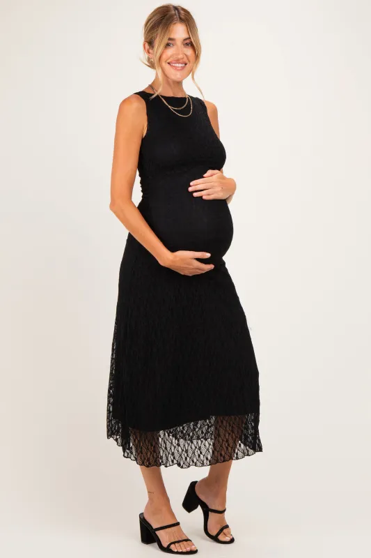 Black Lace Ruched Maternity Midi Tank Dress made by Blu Pepper