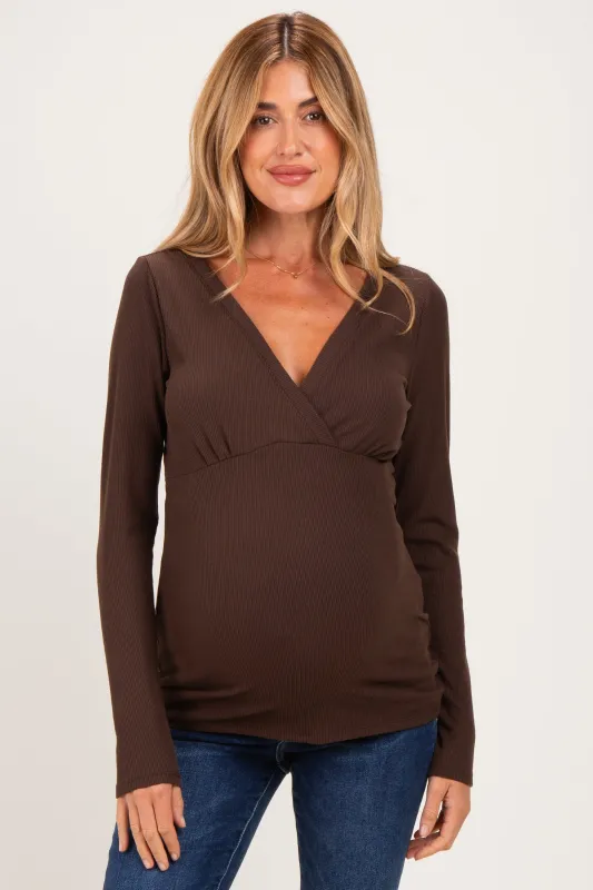 Brown Fitted Long Sleeve Wrap V-Neck Maternity Top made by Pinkblush