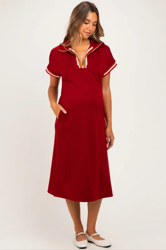 Burgundy Color Rib Band Trim Side Slit Maternity Midi Dress made by JODIFL