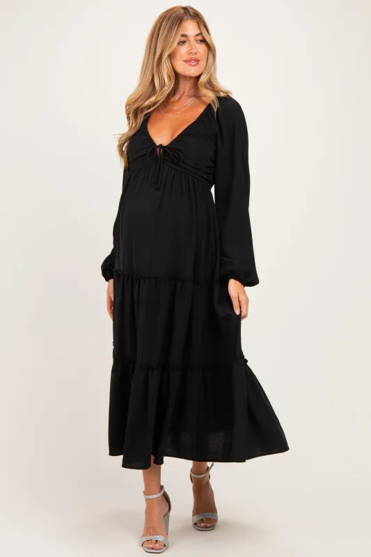 Black Tiered Long Sleeve V-Neck Maternity Maxi Dress made by Pinkblush
