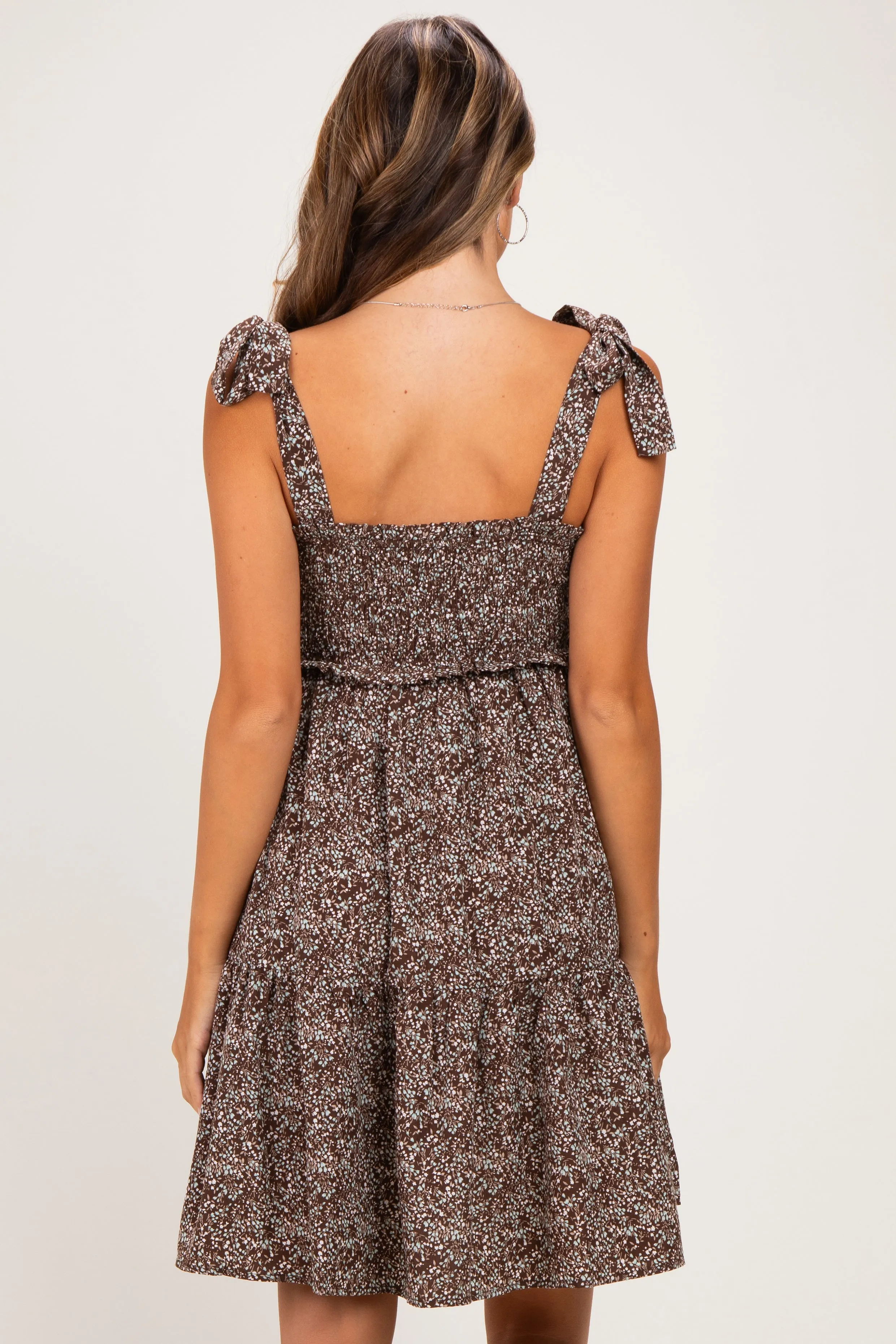 Chestnut Floral Smocked Shoulder Tie Maternity Dress sold by Pinkblush product image thumbnail 4