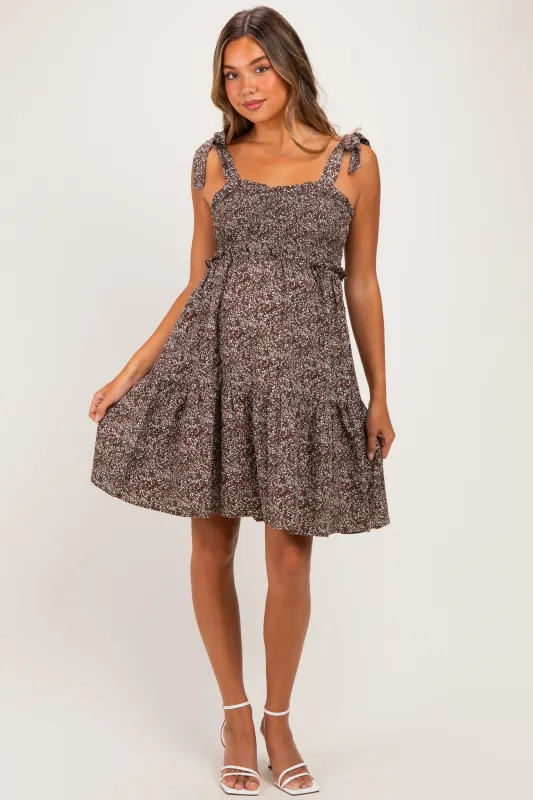 Chestnut Floral Smocked Shoulder Tie Maternity Dress made by Pinkblush