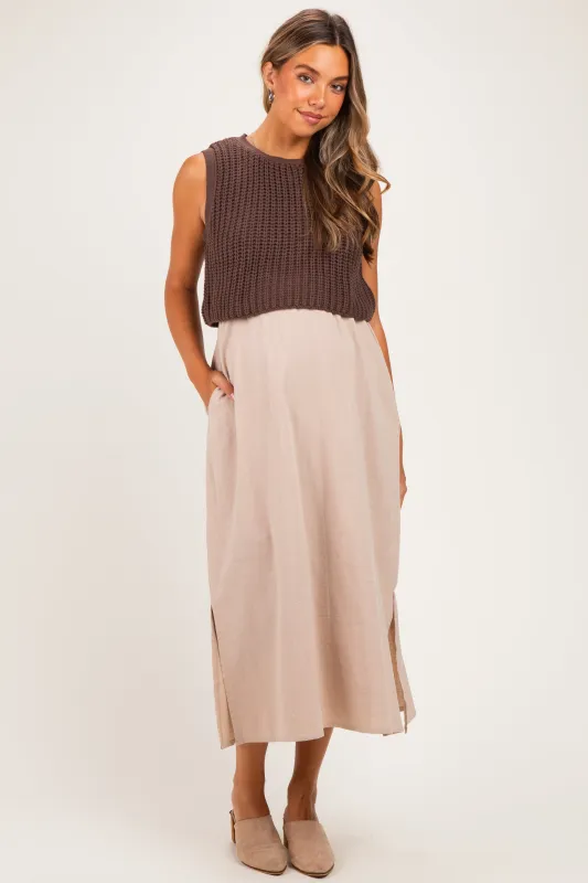 Brown/ Mocha Sleeveless Sweater Top Colorblock Maternity Midi Dress made by In February