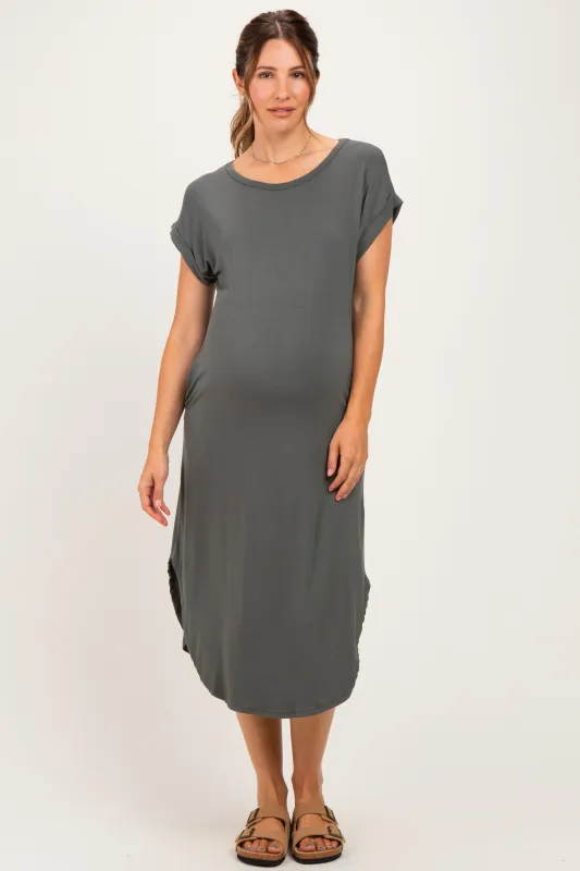 Gun Metal Rounded Hem Maternity Midi Dress made by Final Touch